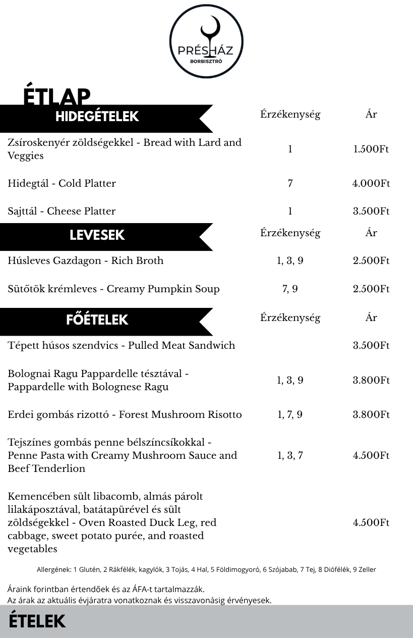 étlap PrésházBorbisztró ételek